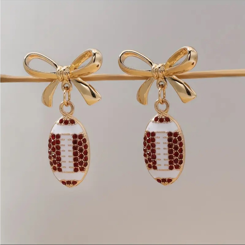 18K Gold Plated Rhinestone Footballs With Bows Earrings-NWT